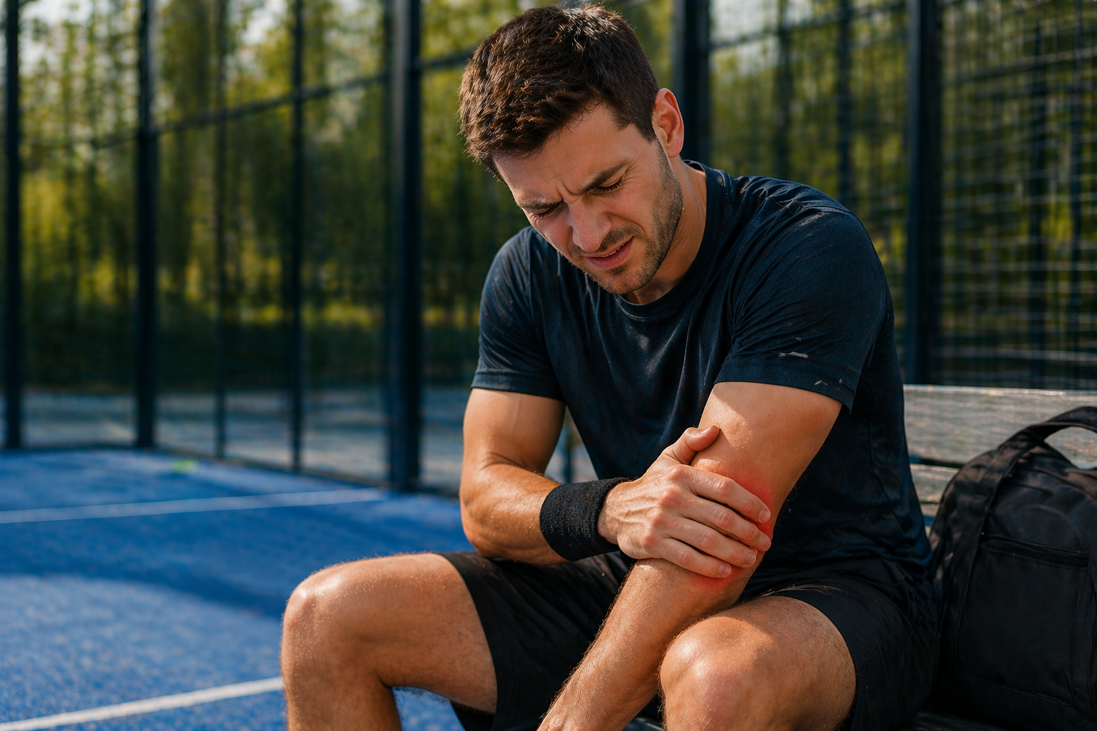 Padelspeler met elleboogpijn op de padelbaan